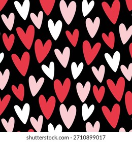 Bold Valentine Heart Pattern with Red and Pink Cute Hearts on Black Background