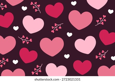 Patrón audaz de San Valentín de adornos de corazón rosados dispersos en un fondo púrpura-rojo profundo. Perfecto para empaques temáticos de amor dramático, diseños románticos de lujo y decoración festiva.