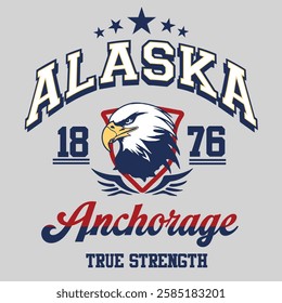 A bold varsity-style graphic featuring a powerful eagle with the word "Alaska" in a vintage athletic font. The design incorporates classic sportswear elements, making it perfect for t-shirts, hoodies,