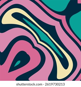 A bold vector abstract background featuring thick, curvy psychedelic shapes. The palette includes deep teal, muted pink, cream yellow, and blackish navy