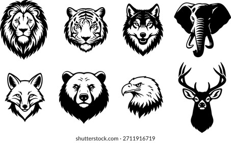 Bold vector animal head illustrations featuring wild species in a strong emblem style. Ideal for logos, badges, sports mascots, branding, and wildlife-themed design projects.