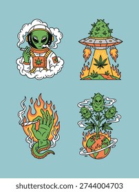 Bold vector art depicting extraterrestrial encounters with cannabis: an astronaut alien smoking, a UFO harvesting, a fiery hand with a joint, and an alien-bud plant on Earth.
