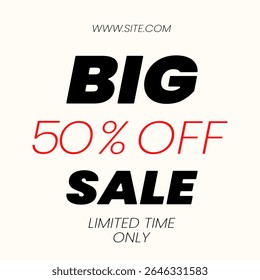 Bold vector banner with 50 OFF typography, ideal for promoting flash sales, exclusive offers, and retail discounts. Perfect for online shops, flyers, and digital ads.