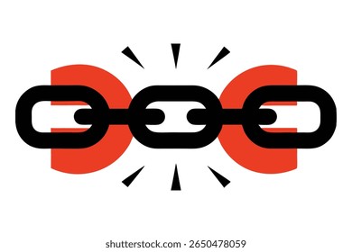 Bold vector of a chain breaking apart, each link labeled Fear, Shame, Silence. Dynamic motion lines and a vivid gradient sunset background evoke freedom, strength, and emotional release.