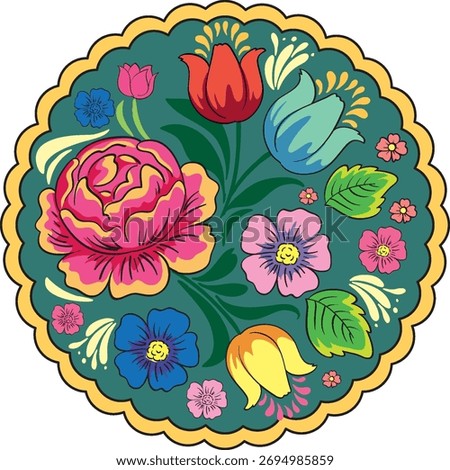 Bold vector flowers and leaves in a scalloped circular frame, inspired by Russian folk art.