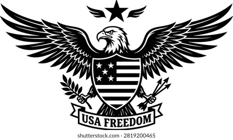 Bold vector graphic of an eagle holding a shield emblazoned with stars and stripes representing USA freedom and patriotism. Ideal for nationalistic campaigns apparel.