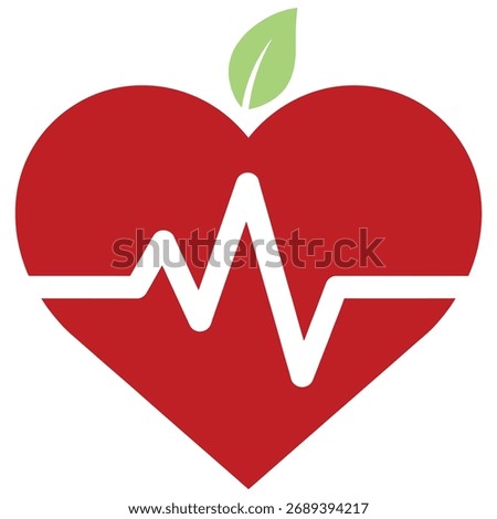 A bold vector graphic symbolizing cardiac health and nutrition. A bright red heart shape features a continuous ECG pulse line and is topped with a green apple leaf, representing a connection between a