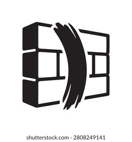 A bold vector icon featuring a stylized brick wall construction crossed by a dramatic sweeping black brush stroke on a solid white background.