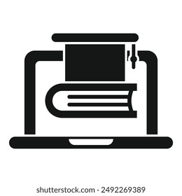 Bold vector icon illustrating a laptop with a book, symbolizing digital learning and online education