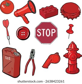 A bold vector icon set of red-colored everyday items. These illustrations are perfect for graphic design, user interfaces, educational visuals, and themed content about action, warning, or attention.