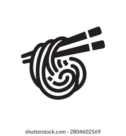 A bold vector icon showing a swirl of noodles held by a pair of chopsticks against a plain white background for culinary branding.