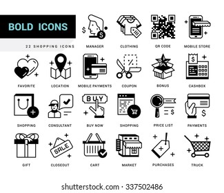 Bold vector icons in a modern style. Linear elements with potting black. Online shopping and e-commerce, price list, mobile store, mobile payments.