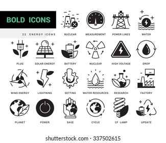 Bold vector icons in a modern style. Linear elements with potting black. Heavy industry, power generation, water resources, pollution and environmentally friendly energy sources.