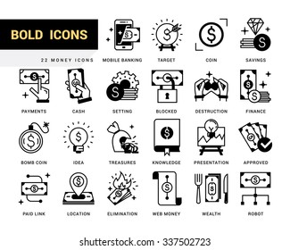 Bold vector icons in a modern style. Linear elements with potting black. Business and finance, mobile payments, e-currency, speculation, mobile banking.