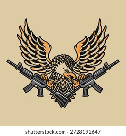 Ilustração vetorial ousada de uma águia careca americana segurando duas armas, representando força, liberdade e poder. Ideal para projetos com temas militares, vestuário patriótico, cartazes e projetos gráficos.