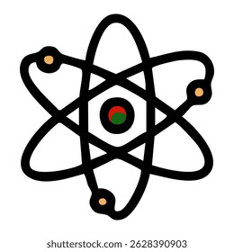 Bold vector illustration of an atom model with a unique color scheme for the nucleus, featuring black outlines and golden-yellow orbiting electrons.