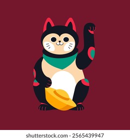 A bold vector illustration of a black lucky cat holding a gold coin, designed with traditional Japanese motifs in a modern flat style. Perfect for festive and decorative projects.