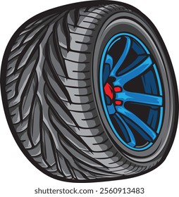 Bold vector illustration of a blue and black car tire with dynamic tread design, perfect for automotive enthusiasts and racing projects