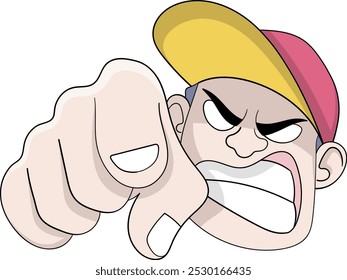 Ilustração vetorial em negrito de um personagem de desenho animado mostrando uma expressão raivosa enquanto aponta para a frente de uma maneira agressiva.