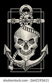 A bold vector illustration in an engraving style, featuring a human skull intertwined with an anchor and rope, set within a simple rectangular frame.