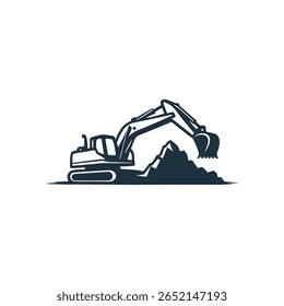 Uma ilustração vetorial arrojada de uma escavadora cavando solo ou rocha, representada em um estilo de silhueta preto limpo. Perfeito para uso em marca de empresa de construção, logotipos de negócios de mineração, máquinas pesadas e