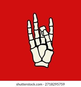 A bold vector illustration features a stylized skeleton hand making the iconic "rock on" or "devil horns" gesture, with light-colored bones outlined in black against a vibrant, solid red background. This striking graphic art piece conveys a sense of rebellion, music culture, or edgy celebration.