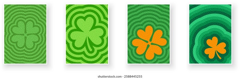 A bold vector illustration featuring shamrocks and four-leaf clovers with green and orange ripple textures, symbolizing luck and fortune.