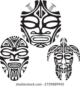 Bold vector illustration featuring three Tiki god masks in Polynesian tribal style. Symmetrical ethnic faces with strong geometric shapes and ornamental details inspired by island culture and surf aesthetics. Eye-catching design perfect for t-shirt prints, streetwear, stickers, posters, skateboards, tattoo flash, branding, and print-on-demand merchandise. Scalable high-quality vector artwork suitable for apparel and graphic design projects.