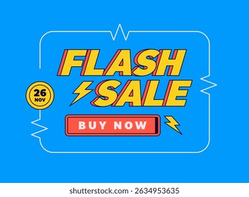 Fette Vektorgrafik eines Flash-Verkaufs-Banners mit einem Jetzt kaufen-Button und einem Datum-Symbol in einem bunten Cartoon-Stil handgezeichnet