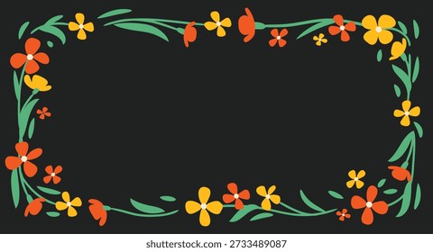 A bold vector illustration of a floral frame featuring red-orange, yellow, and green colors on a black background. Designed in a high-contrast style for use in eye-catching posters, luxury packaging, and social media graphics.