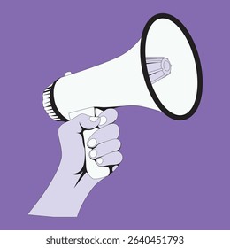 Bold vector illustration of a hand holding a megaphone on purple background. Great for social movements, promotion, protest graphics, voting campaigns, or awareness posters and flyers.