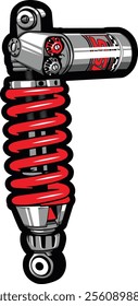 Bold vector illustration of a motorcycle shock absorber with vivid red coils and sleek metallic accents, perfect for automotive and engineering design enthusiasts