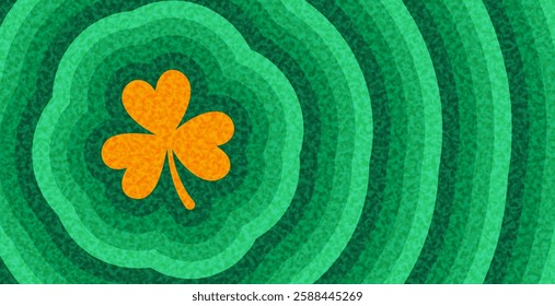 A bold vector illustration of an orange shamrock set against a textured green ripple background, symbolizing luck and Irish heritage.