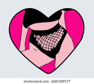 Bold vector illustration in pop art doodle style; features a heart shape with stylized female body in lingerie, fishnet pattern. Theme: sensuality, modern love, fashion.