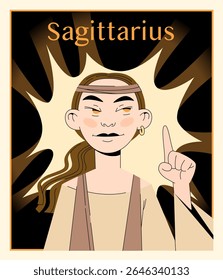 Bold vector illustration of Sagittarius zodiac sign as a free-spirited woman with wanderlust and optimism. Perfect for travel-inspired zodiac sets or mystical uses.