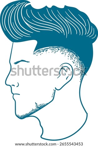  A bold vector illustration showcasing the side profile of a man's head with a voluminous quiff haircut, featuring significant height and texture on top and shorter, faded sides