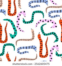 A bold vector illustration of snakes in colorful patterns on a white background Snake symbol of the year. Vector hand drawn bold illustration