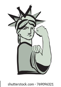 A bold vector illustration of the Statue of Liberty rolling up her sleeve and posing in a Rosie the Riveter stance