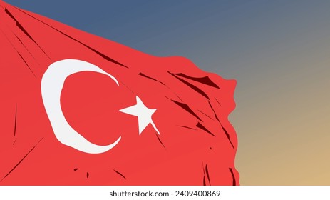 Kühne Vektorgrafik der türkischen Fahne, die gegen einen klaren blauen Himmel wehte, symbolisiert Nationalstolz und wichtige patriotische Tage.
