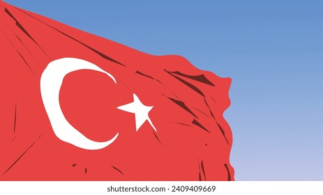 Audaz ilustración vectorial de la bandera turca ondeando contra un cielo azul claro, que simboliza el orgullo nacional y días patrióticos significativos.