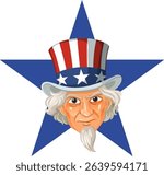 Bold vector illustration of Uncle Sam with a star background. Features vibrant colors and detailed line work