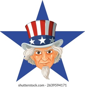 Bold vector illustration of Uncle Sam with a star background. Features vibrant colors and detailed line work