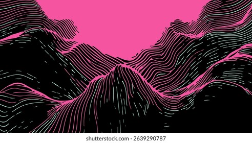 Bold vector illustration with wavy pink and black stripes in a modern abstract Op Art style, reflecting the current Y2K trend in graphic design and digital art.