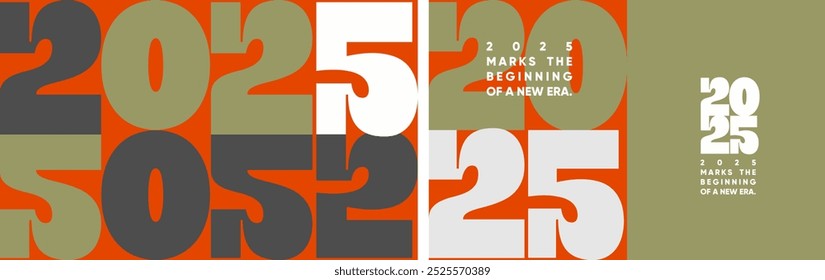 Bold vector illustrations featuring 2025 in large typography, modern geometric layouts, muted earthy tones, and striking compositions for contemporary designs.