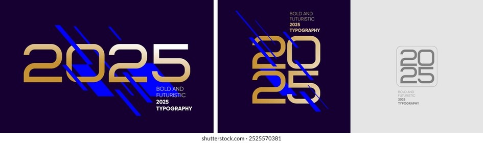 Fette Vektorgrafiken, die das Jahr 2025 in futuristischer Typografie mit scharfen goldenen Akzenten, dynamischen Linien und einem eleganten, modernen Design für Werbezwecke hervorheben.