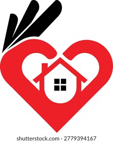 Bold vector logo of a hand forming a red heart shape with a white house icon and black window at the center. Strong emotional design combining care, protection, and home themes. Perfect for home health agencies, senior care services, housing nonprofits, homeless shelters, real estate companies, property management, home insurance, and family support organizations. Clean flat style with high-impact red, black, and white for branding, charity campaigns, healthcare logos, and real estate marketing.