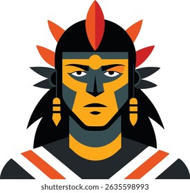 Retrato de vetor ousado de um guerreiro indígena vestindo pintura facial, penas e trajes cerimoniais. Rico em detalhes tribais, isolado no fundo branco. Ideal para projetos culturais e históricos.