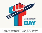 Bold vector poster of a clenched fist gripping a pencil, symbolizing voting power. Geometric layout, sharp angles, duotone color, and strong propaganda-style text: “Democracy Day.” On white background