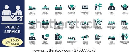 Bold vector public service icon set. Featuring community support, safety, assistance and civic service symbols in bold vector style for web, mobile apps, city services and social projects.