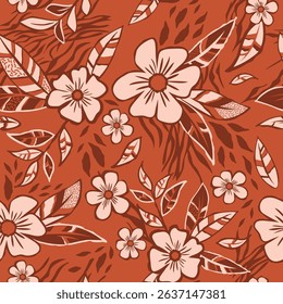 Bold vector seamless floral pattern with terracotta background and cream flowers. Intricate leaves, rhythmic design. Perfect for boho textiles, wallpaper, fabrics and decorative surfaces.